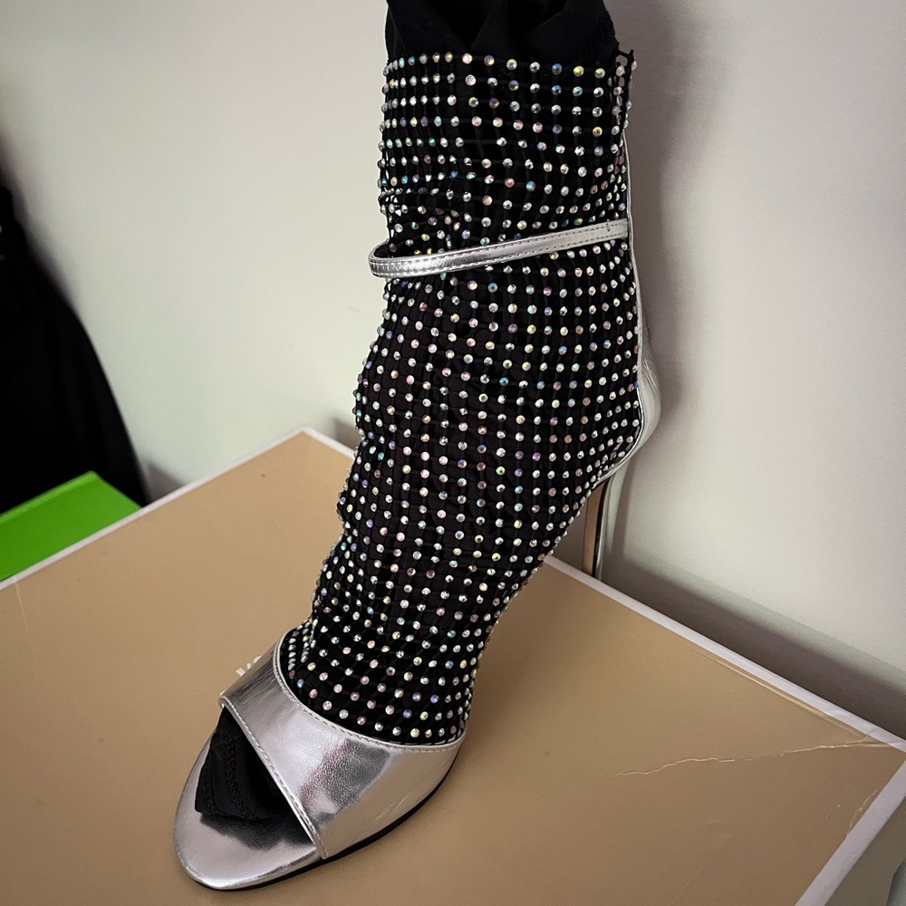 Nine West Black Crystal-Studded Silver Accented Open-Toe Stiletto Bootie